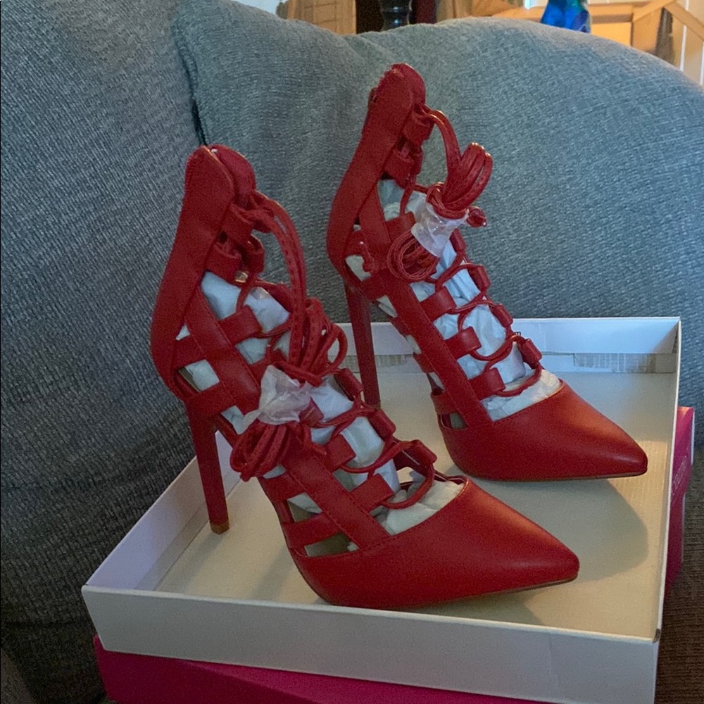 Shoe Dazzle Striking Red Lace-Up Heels